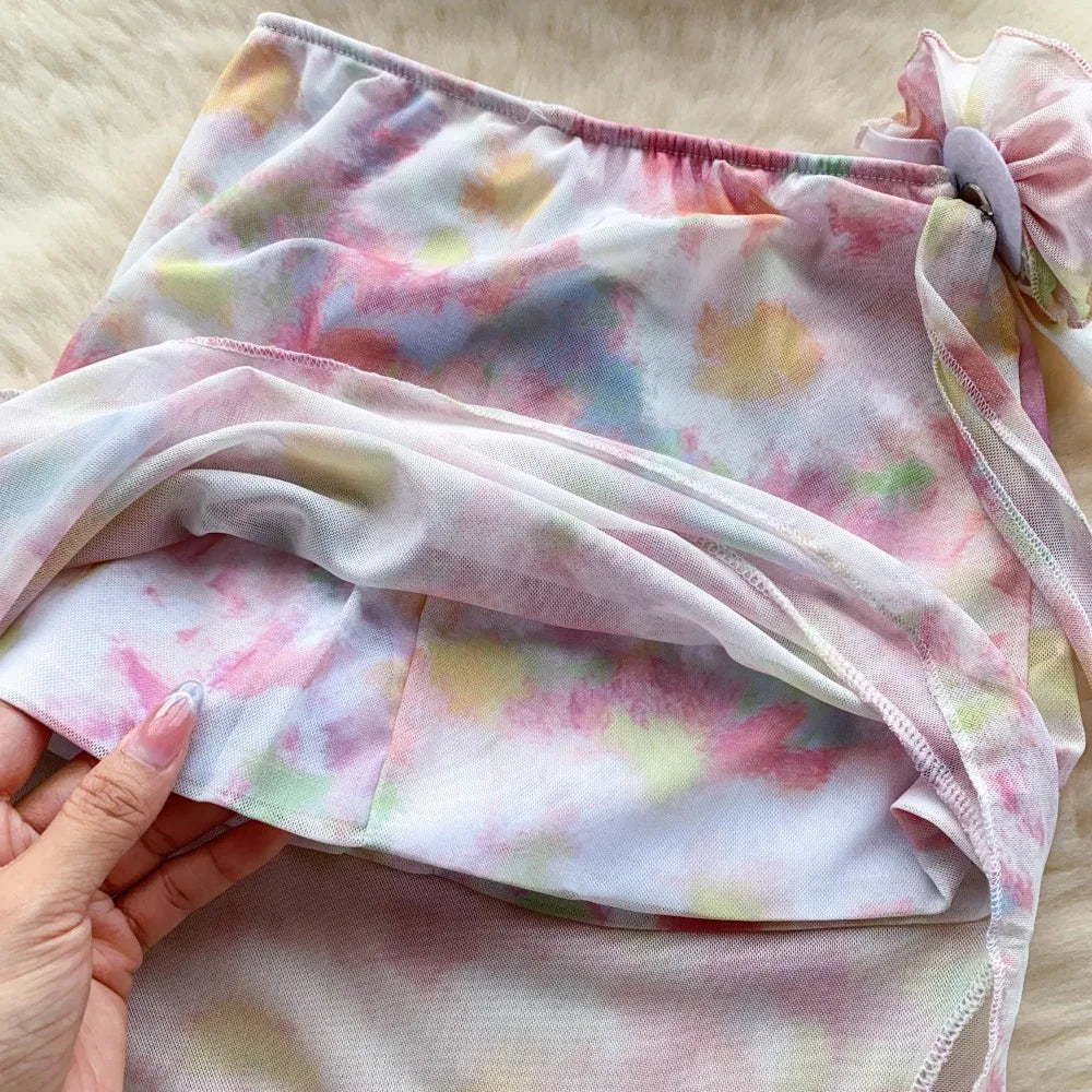 Flower Strapless Halter Tank Top and Split Ribbon Skirt Two Piece Set