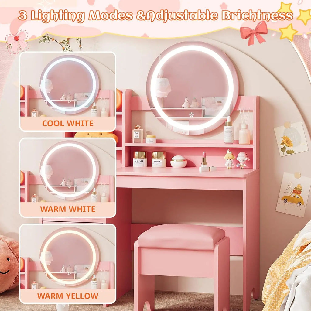 Kids Vanity Desk with Lights Mirror Makeup Vanity Table with Storage Cabinet & Shelves Pink Vanity Set with Chair for Girl