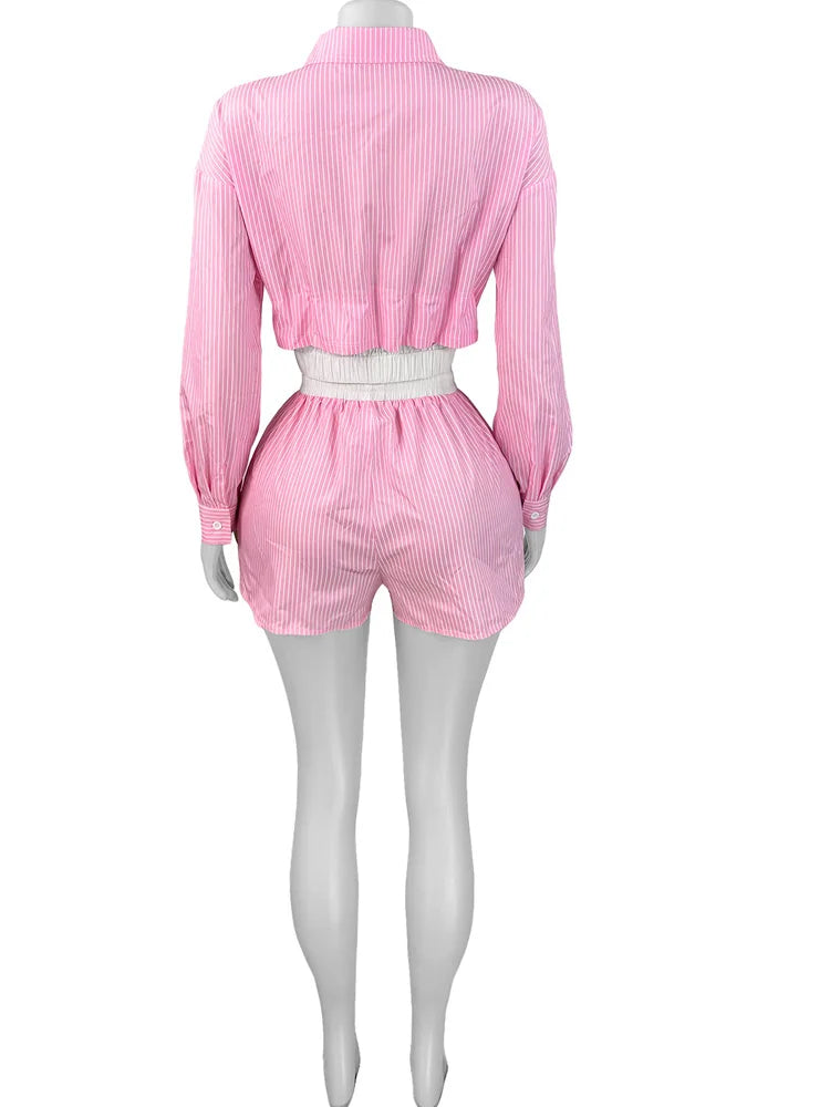 Casual Striped Buttoned Long Sleeve Shirt Top And Matching Shorts Set For Women Trakcksuits 2 Piece Co Ord Sets