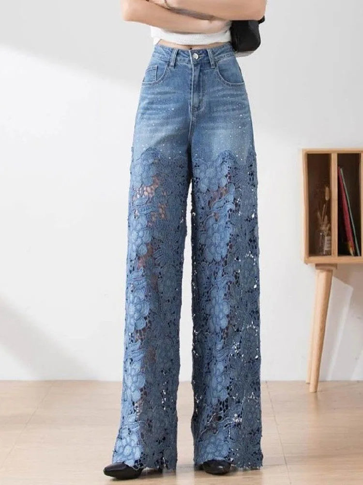 Vintage Hollow Out Lace Flowers Lady Jeans Loose Straight Denim Pants High Street Elegant Summer New Trousers Chic Fashion Pant