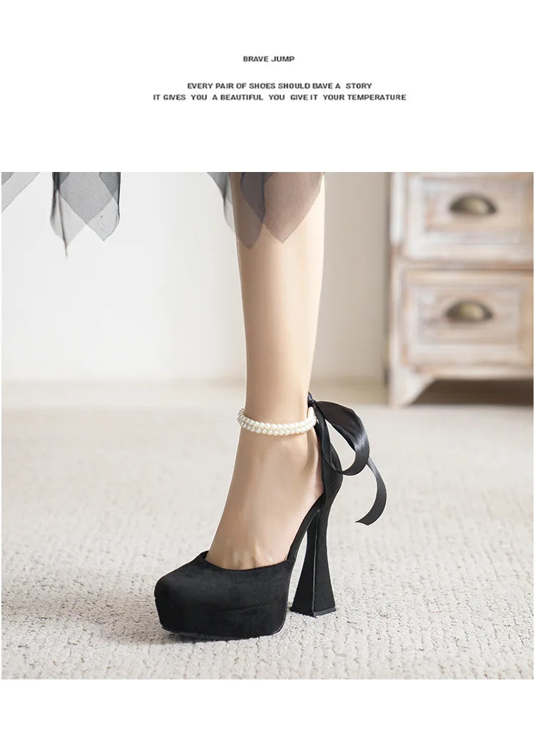 Fashion Super High Heels Sandals Bow Buckle Square Head Heels Ladies Shoes