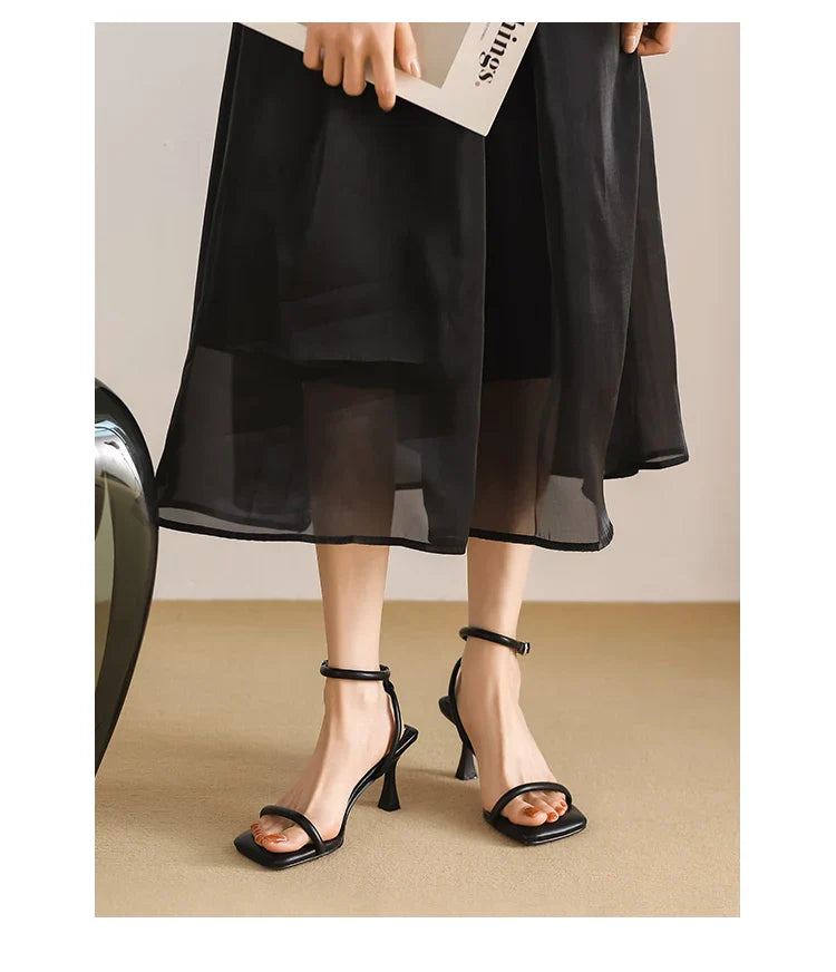 Women's High Heel Sandals Square Toe Thin Heels One-length Strip Open Toe Sandals