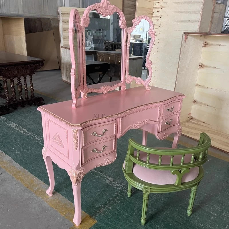 Retro Old Pink Dresser Nordic Makeup Stool Glass Combination European Solid Wood Carving Flower Dressing Table