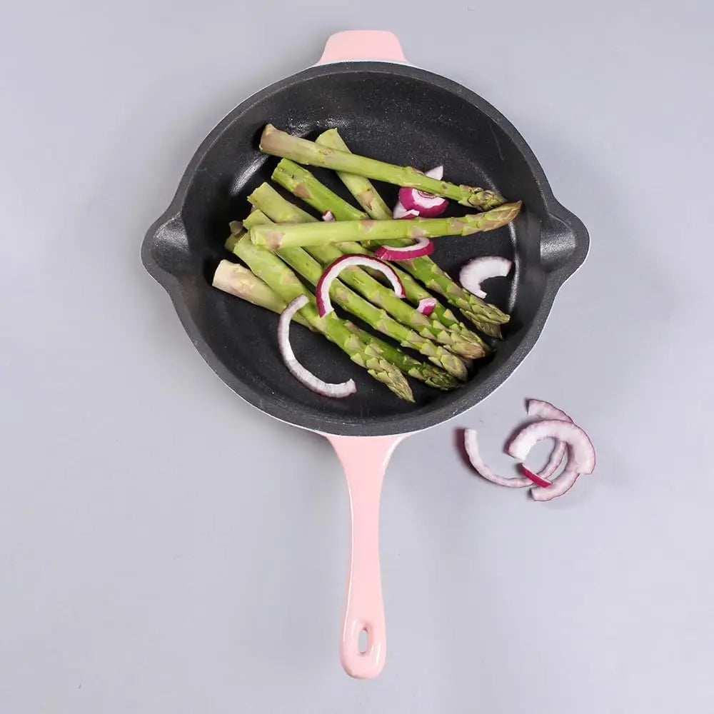 Pink Enameled Cast Iron Cookware Set, Grill Pan 11 Hes, Fry Pan 10 Hes, Oven Safe Up To 400°F, 2Pc