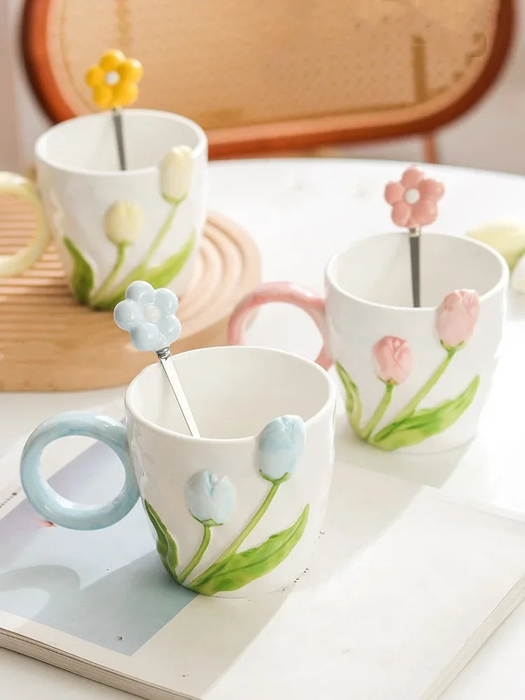 Tulip Flower Ceramic Mug Three-dimensional Design Creative Girl Heart Cup