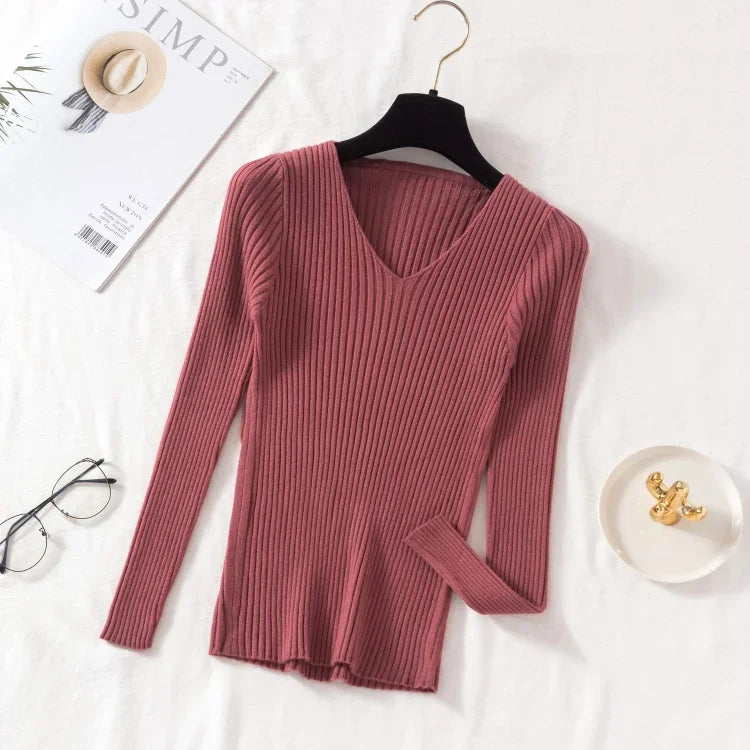 Women Sweaters Casual Long Sleeve Knitted V Neck Pullover Sweater Femme Basic Solid Jersey Tops Fashion Clothes