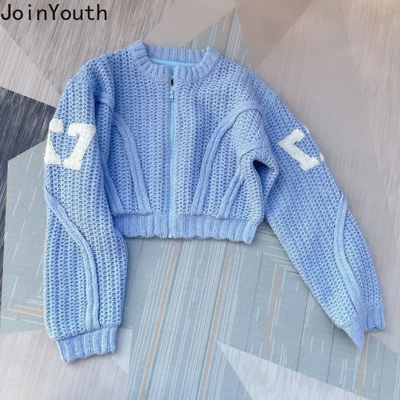 Knitted Clothing 2 Piece Womens Outfits Roupas Femme Zipper Letter Cropped Cardigan High Waist Casual Shorts Suit Set