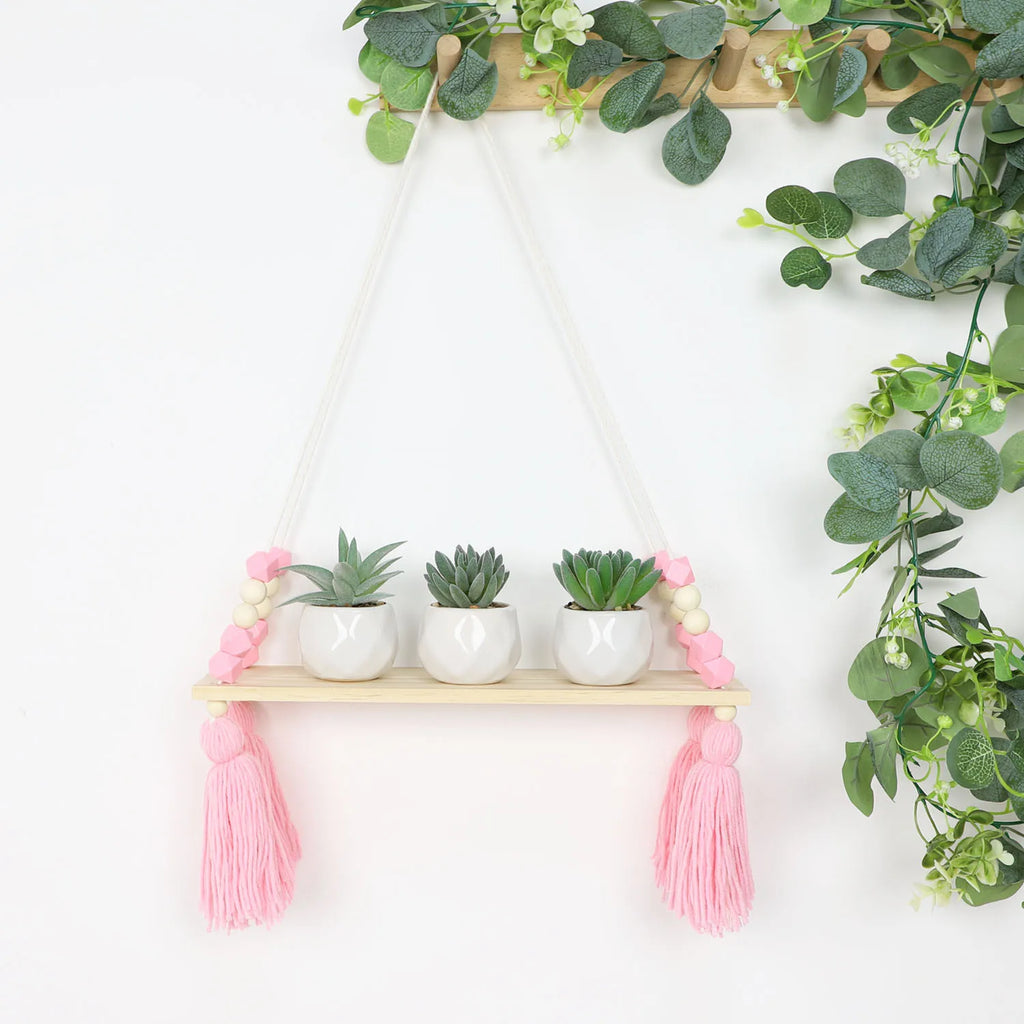 Macrame Wall Hanging Shelf Boho Pink Wooden Display Floating Shelves Wall Decor Bedroom