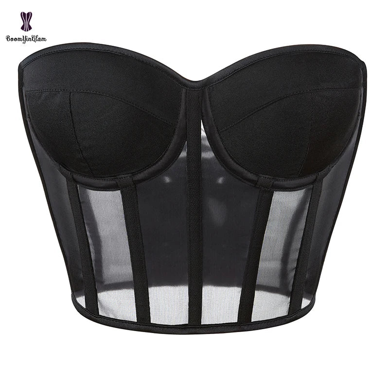 Summer Translucent Corset Women's Mesh Crop Top Black Padded Bra Bustier