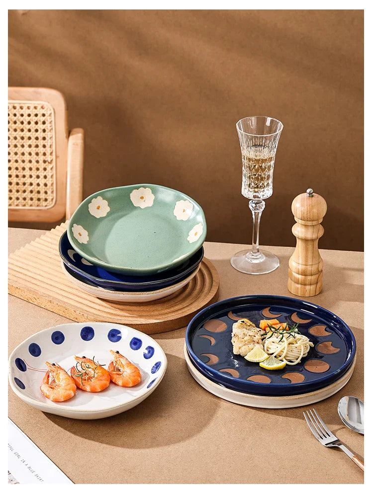 Vintage Hand Painted Dots Daisy Pottery Deep Plates Creative Moon Star Steak Flat Plate Handmade Salad Dinner Dishes