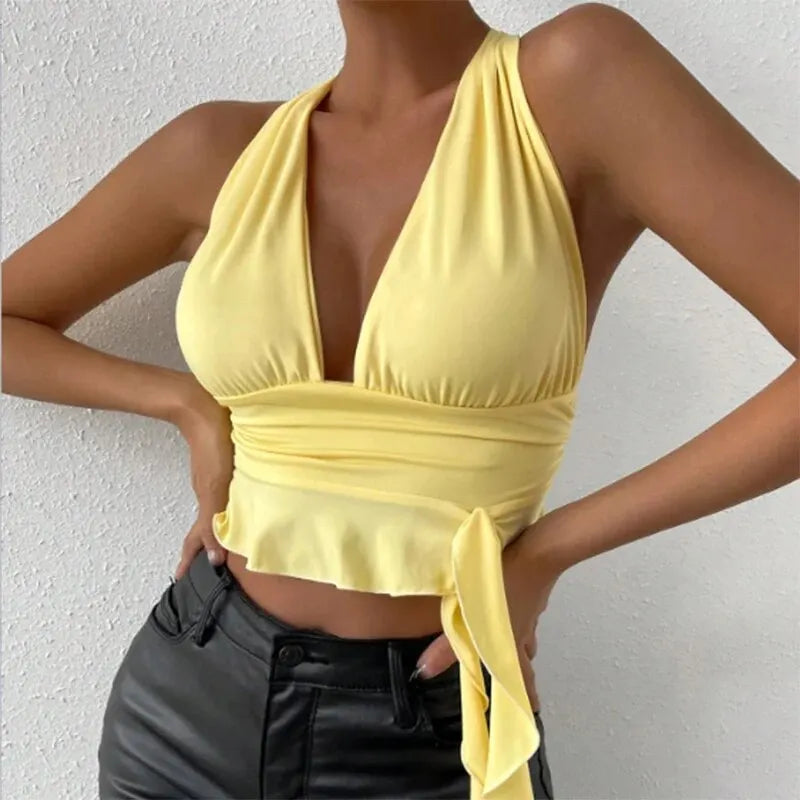 Women's Sexy Tight Fitting Deep V-neck Pleated Top Tight Fitting
