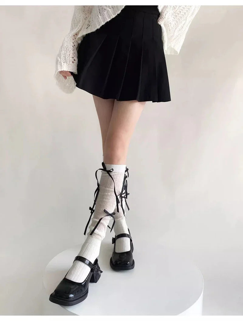 Sweet Lolita Style Stockings Students Fashion Basic Bowknot Knee-high Socks Cotton Fabric Women Mid-calf Sock