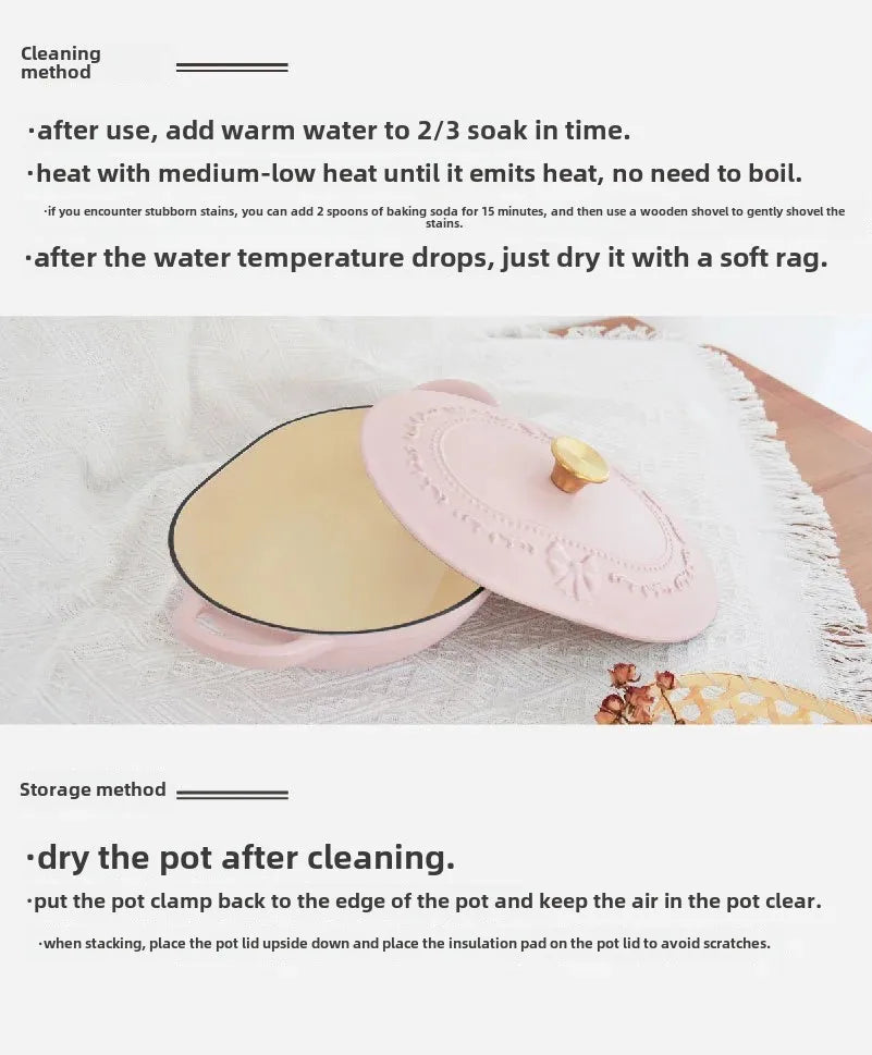 French Romantic Pink Kitchen Enamel Pot Embossed Elliptical Cast Iron Pots Home Stew Pot Grilled Fish Induction Cooker Soup Pots