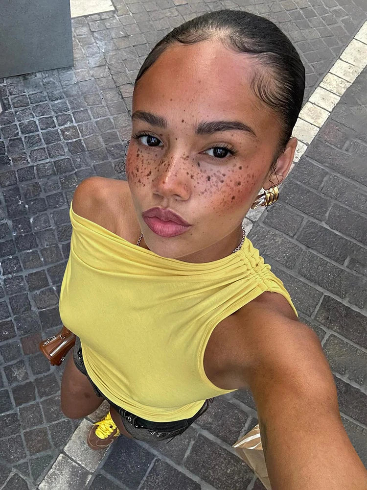 Irregular Women Tank Tops Shirring Shoulder Ruched Summer Chic Fashion Solid Hottie Simple Basic Streetwear Slim Top