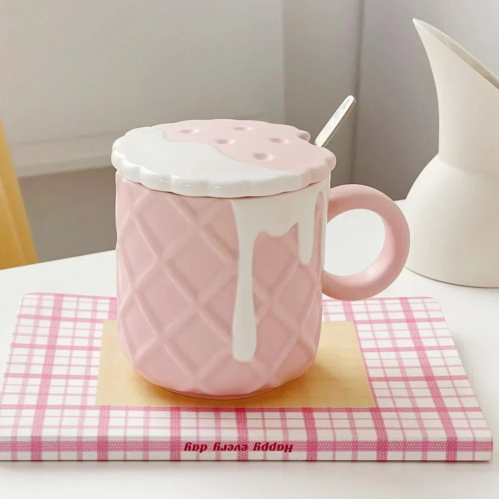 Kawaii Biscuit Pattern With Lid And Spoon Ceramic Cups Cute Cup Drinkware