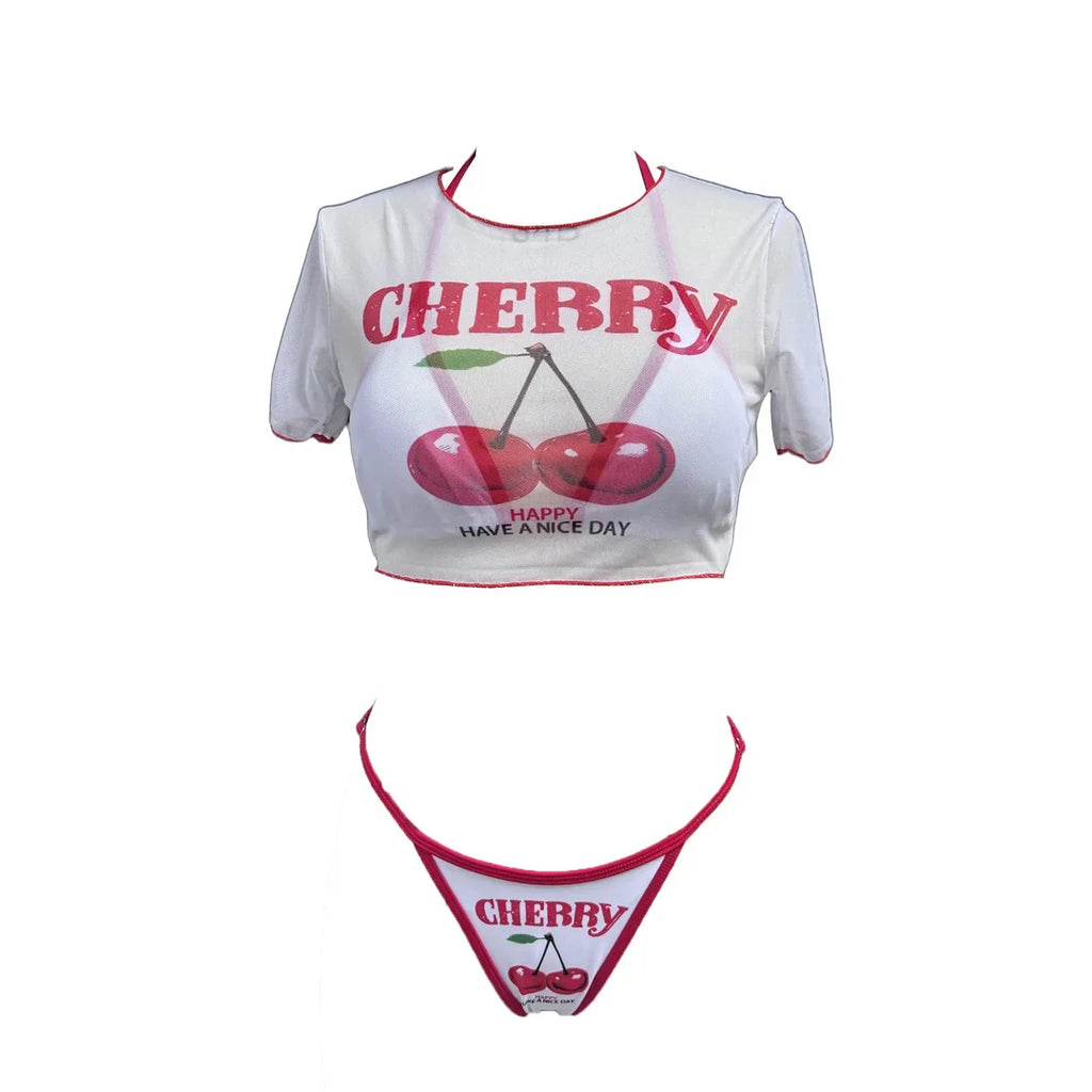 Cherry Printed Short Sleeve Bikini Female Swimsuit Women Swimwear Three-pieces Bikini Set