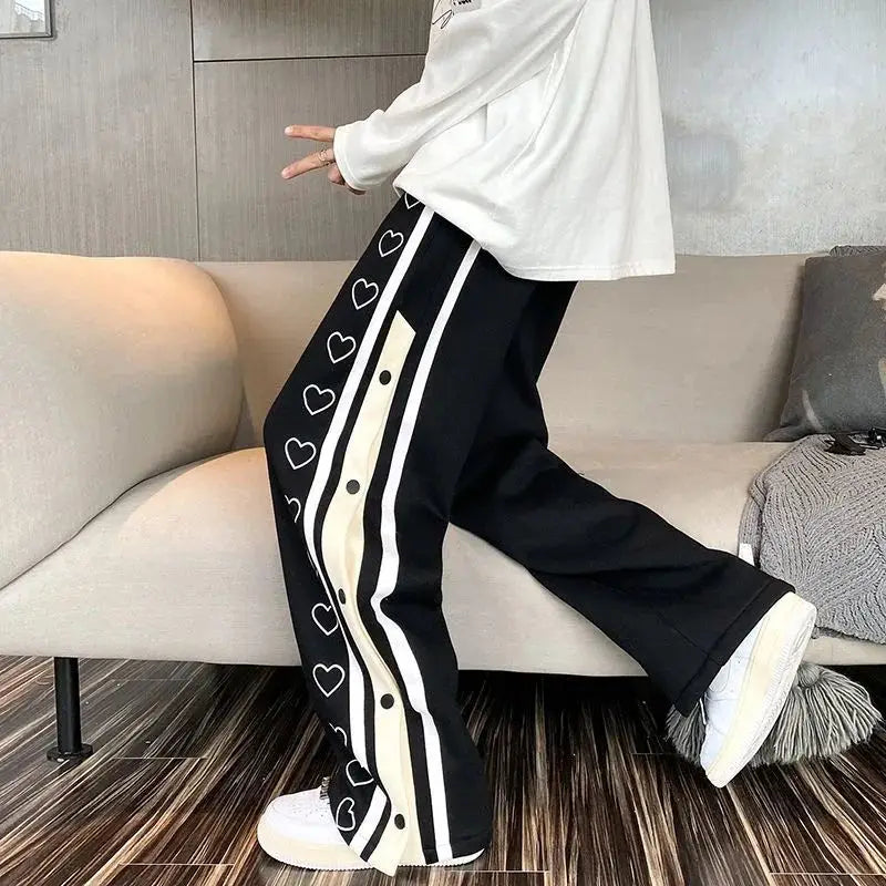 Harajuku Wide Leg Sweatpants Oversize Men Streetwear Side Button Baggy Pants Casual Hearts Sport Split Basketball Women Track Trousers