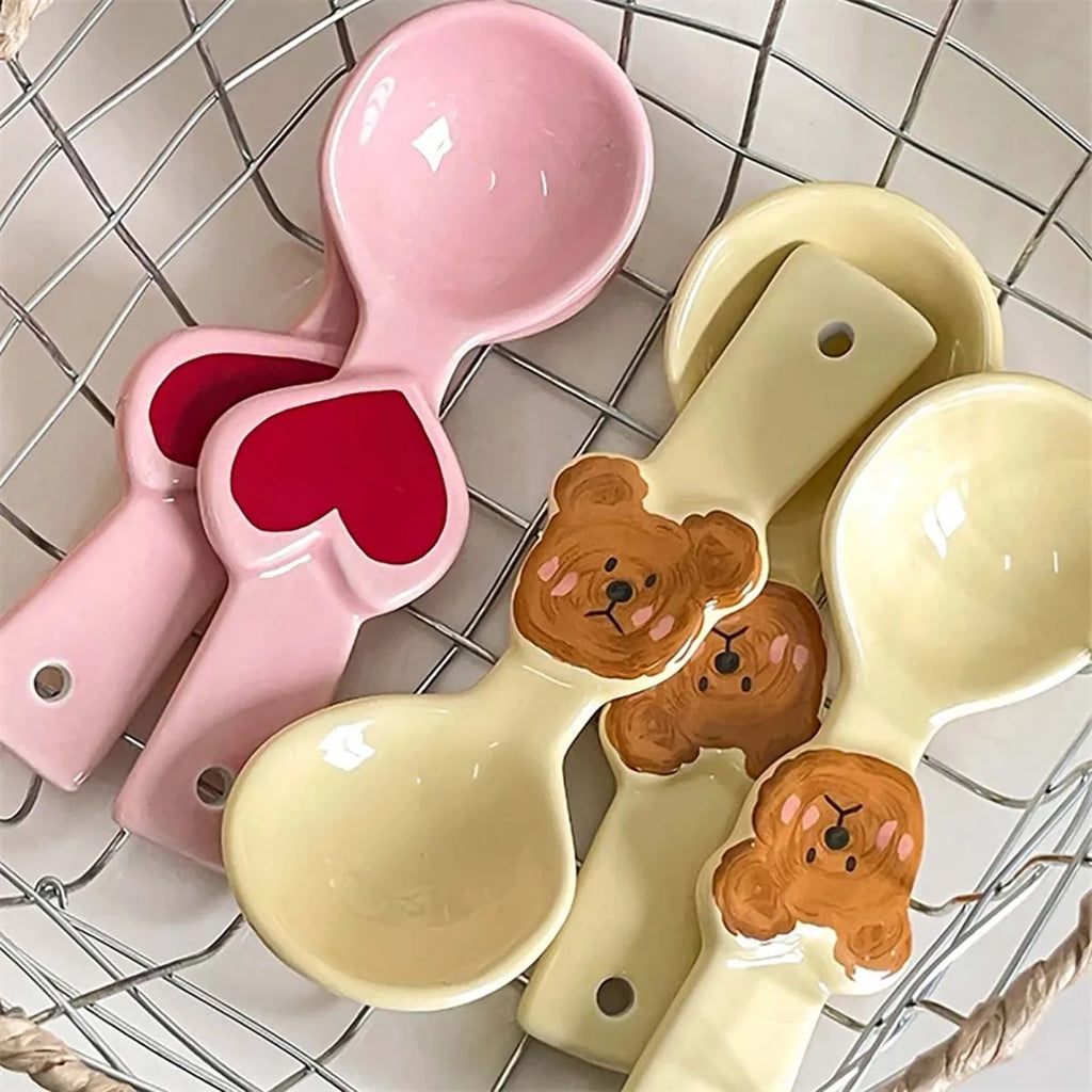 Ceramic Spoon Cute Heart Bear Cream Color
