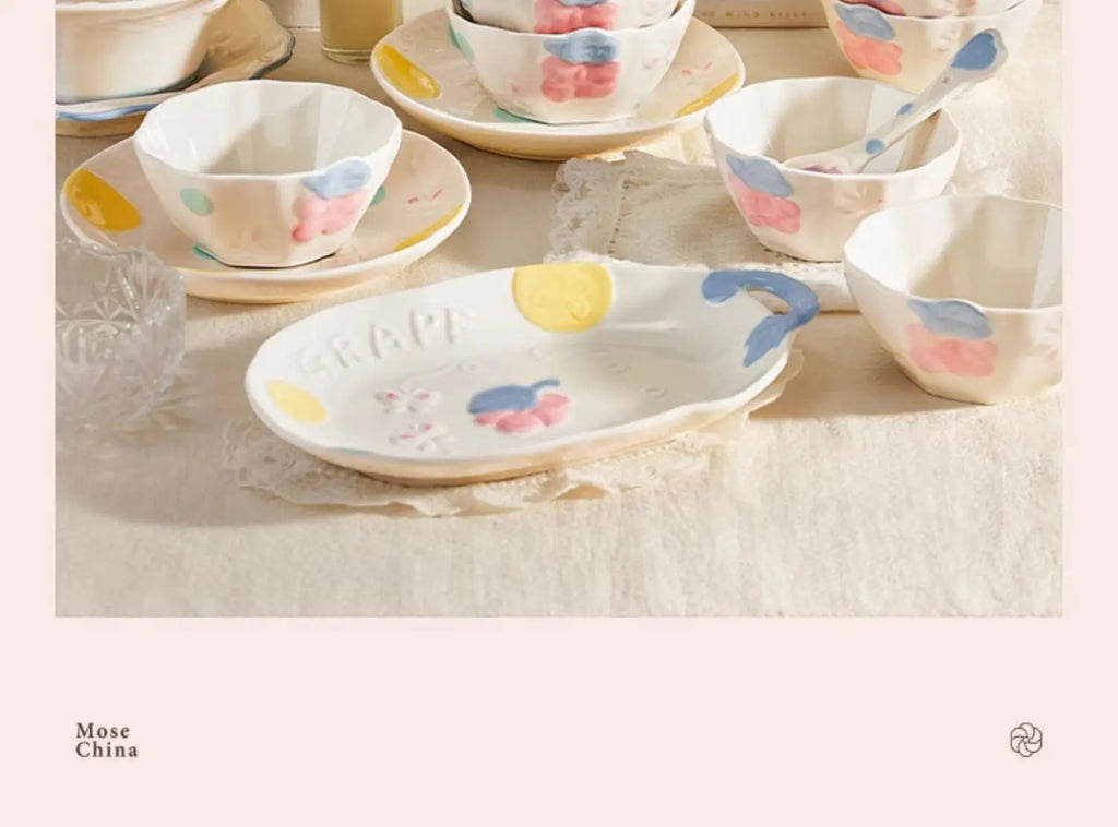 Cute Pattern Ceramic Plates Print Round Deep Tableware