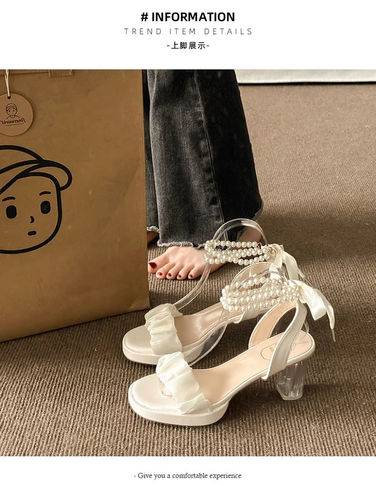 Women's Fashion Crystal Pearl High Heels Sandals