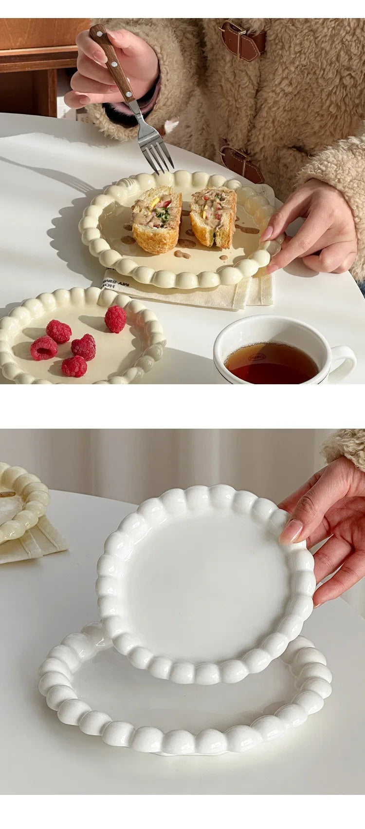 White/Yellow Beads Ceramic Plate Round Tableware Main Dish Decorative Plate Kitchen Utensils