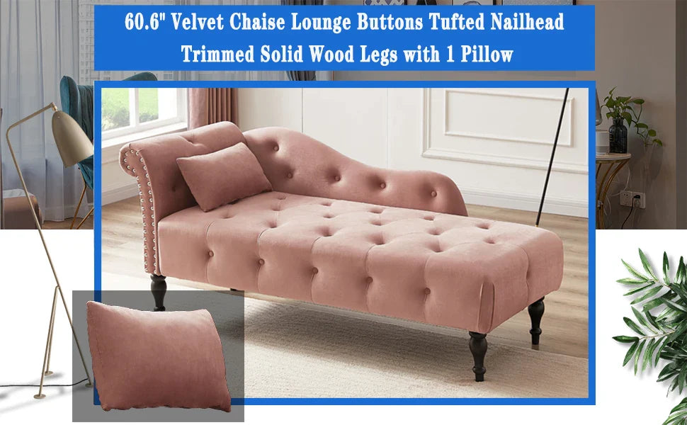 Upholstered Velvet Rolled Arm Chaise Lounges Indoor Chair, Right Arm Facing Chaise Lounge with Nailhead Trim and 1 Pillow