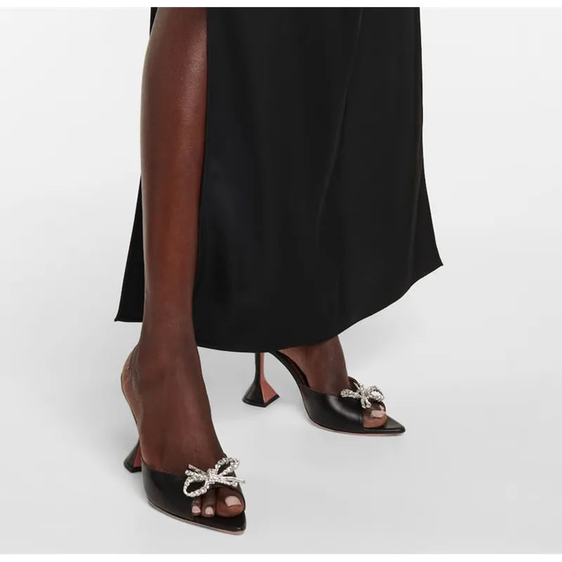 Ladies Black PU Leather Crystal Bowknot Women Slippers Sandals Fashion Goblet Heeled High heels Mules Slides Shoes