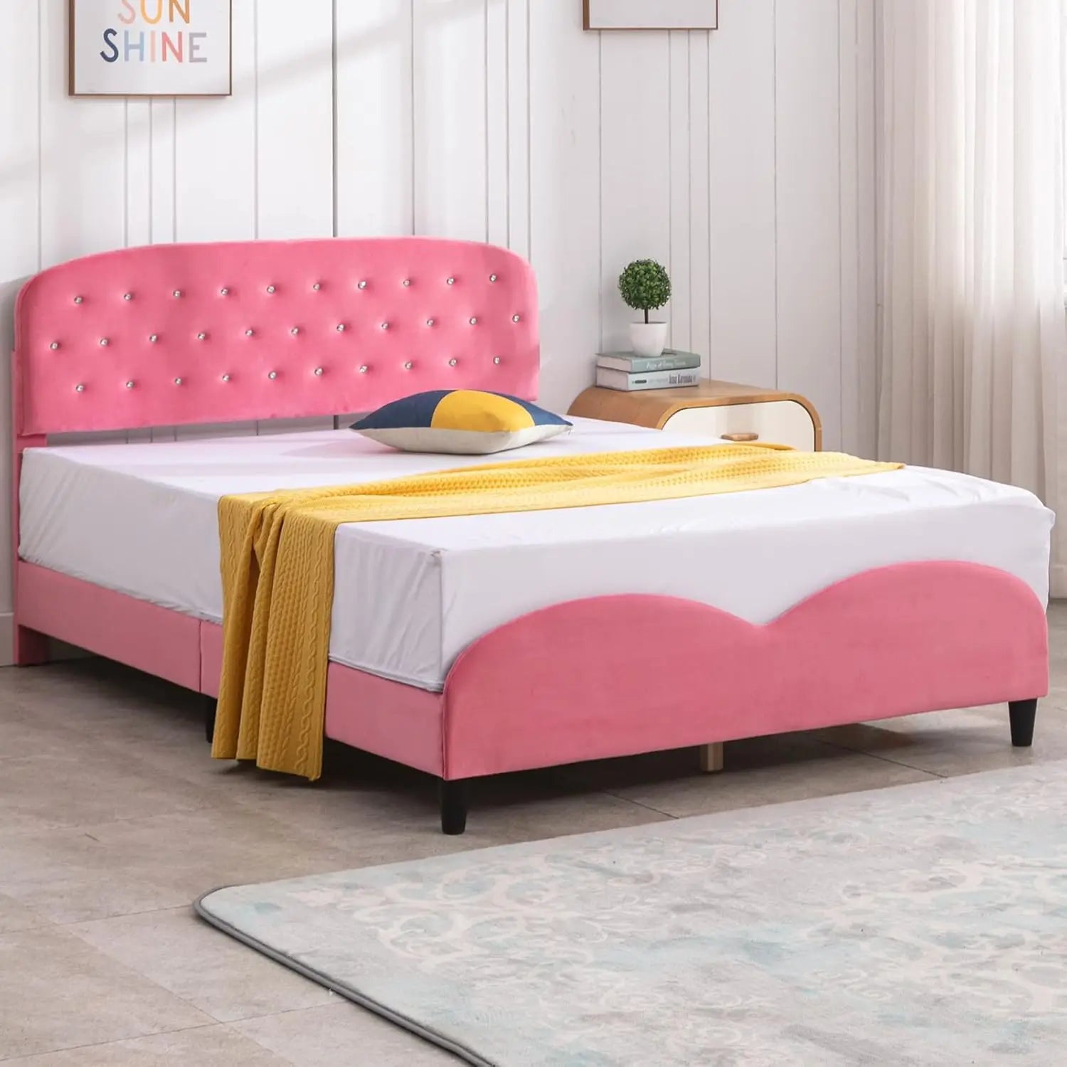 Full Size Bed Frame With Headboard, Velvet Upholstered Platform Bed With Slatted Bed Base, No Box Spring Ned, Pink Press