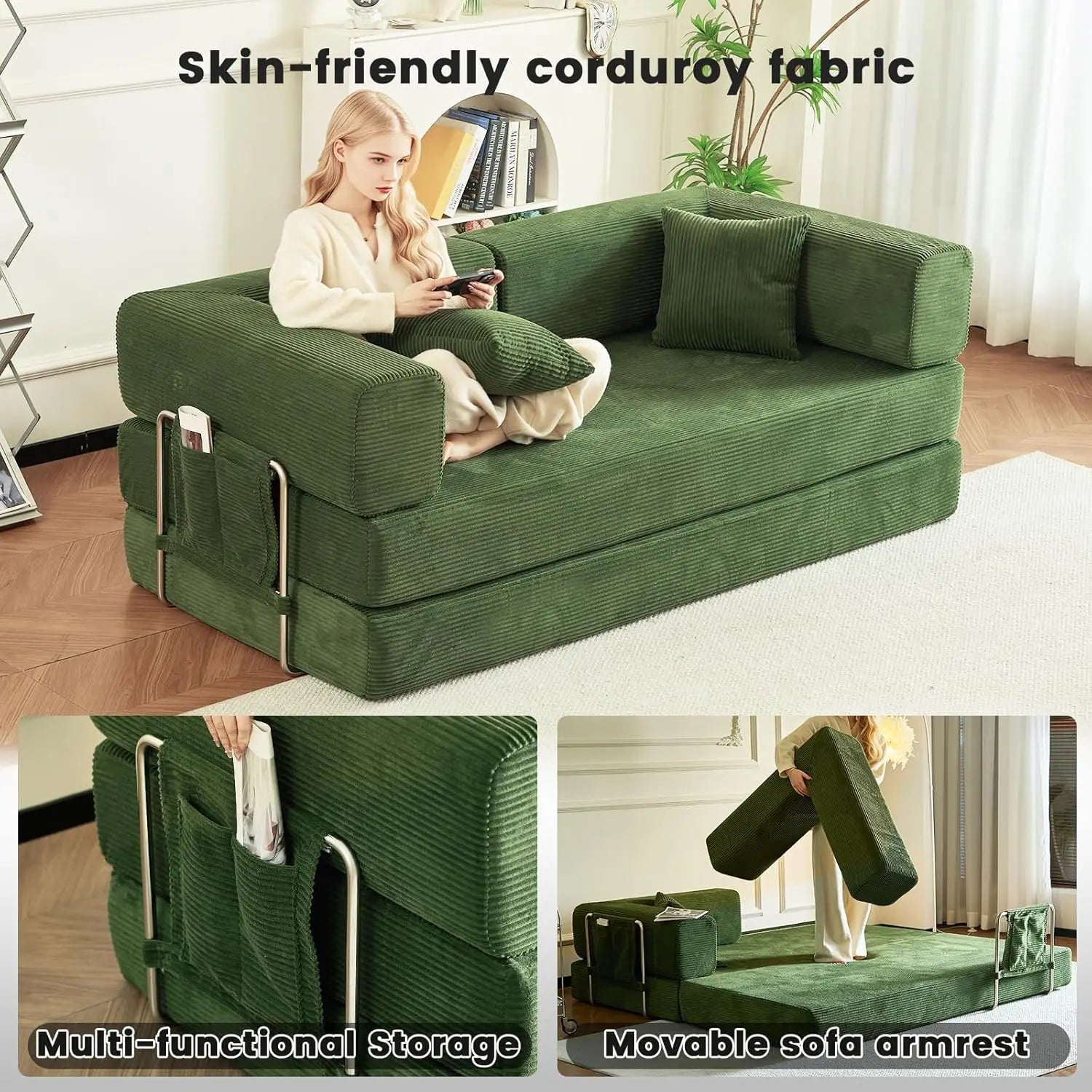 Combination Modular Sofa Living Room Folding Sofa Bed Convertable Corduroy Couch Floor Sleeper 4-in-1 Comfy Foldable Lazy