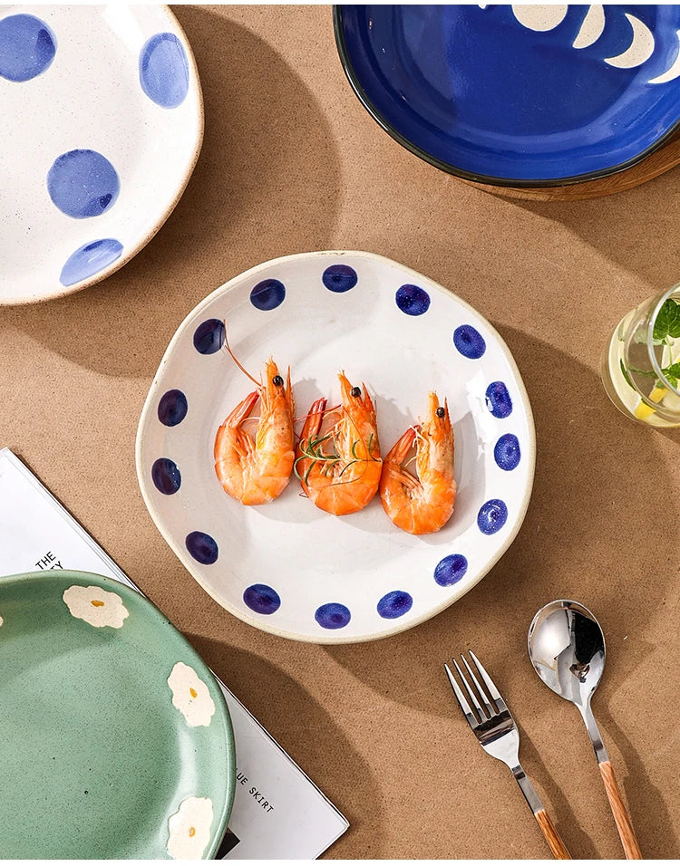 Vintage Hand Painted Dots Daisy Pottery Deep Plates Creative Moon Star Steak Flat Plate Handmade Salad Dinner Dishes