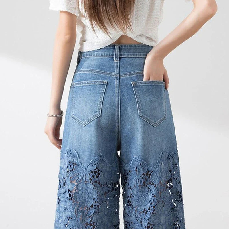 Vintage Hollow Out Lace Flowers Lady Jeans Loose Straight Denim Pants High Street Elegant Summer New Trousers Chic Fashion Pant