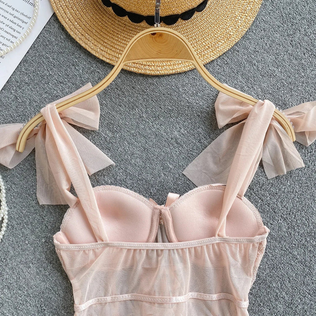 Spaghetti Strap Tank Top for Women Strapless Build in Bra Lace Patchwrok Tulle Bow Camis Summer Casual Female Camisoles