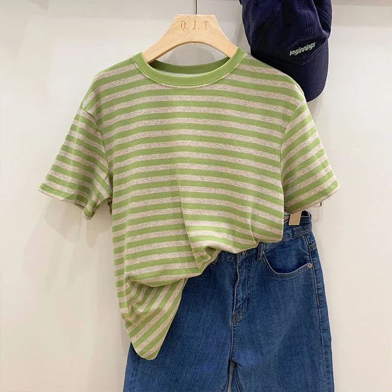Summer Short Sleeve Striped T-Shirts Versatile Women Knitted Basic Casual Tops Female Cozy Loose Cotton Tees