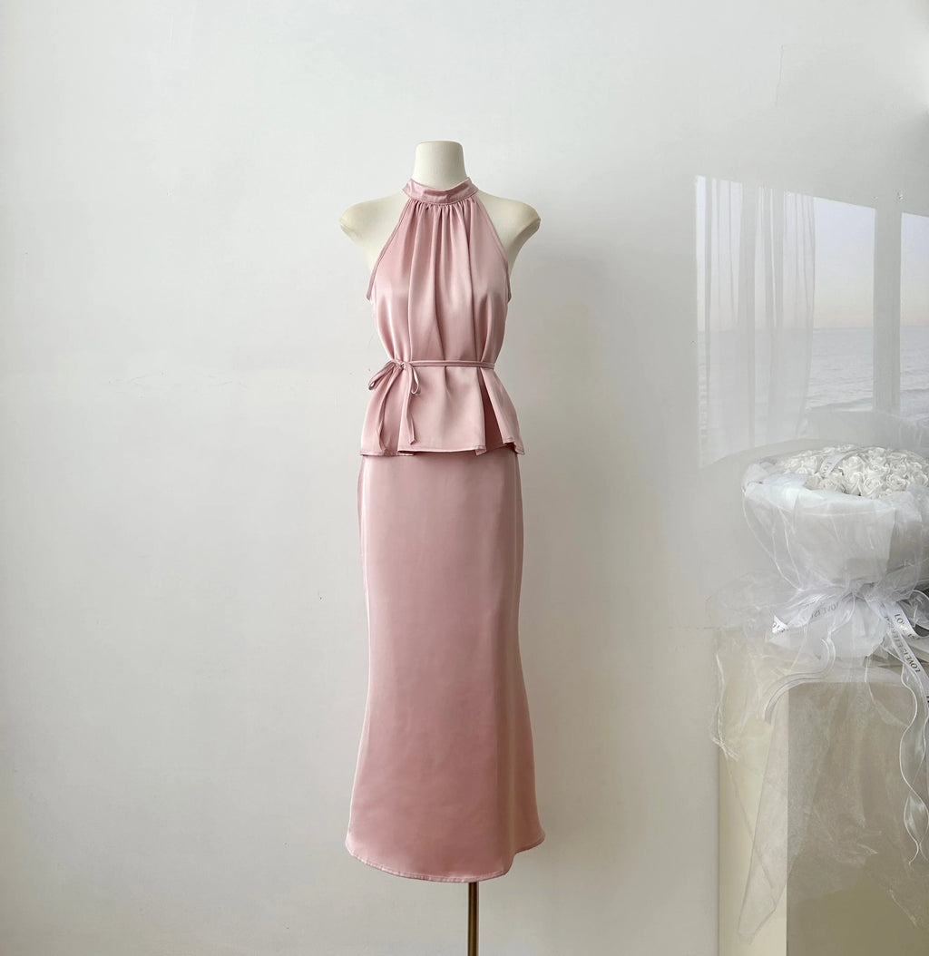 Sweet Hot Girl Casual Suit Women's Summer Satin Sleeveless Top High Waist Long Skirt Two-piece Set Fashion Female Clothes