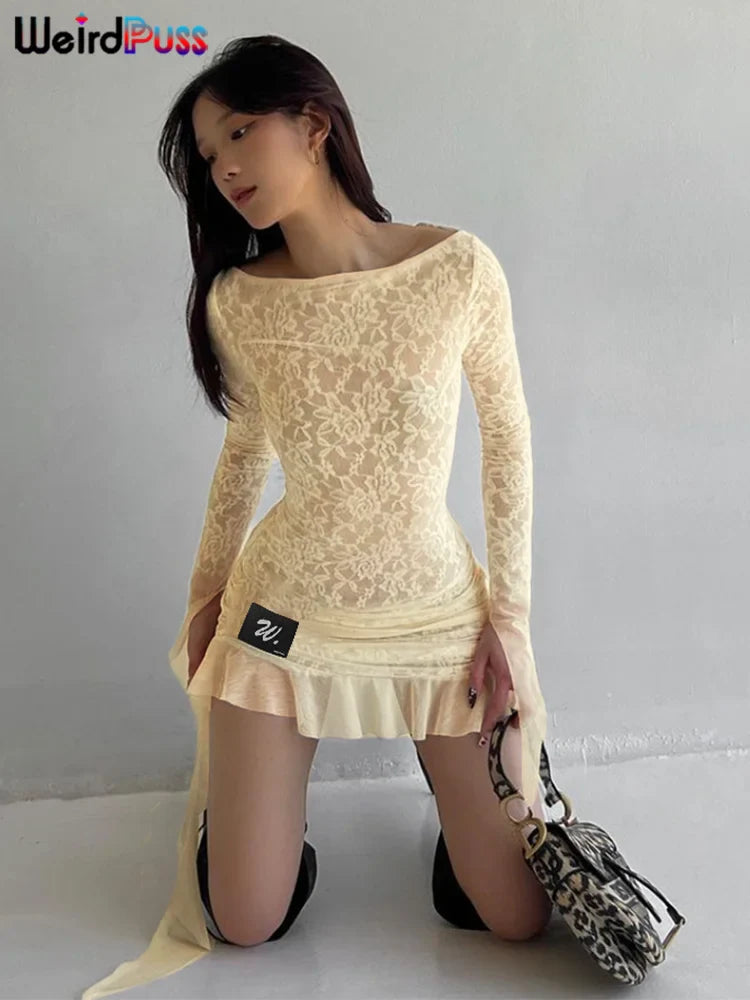 Lace Patchwork Dress Woman Sexy See Through Bandage Backless Ruffles Long Sleeve Irregular Hem Skinny Bodycon