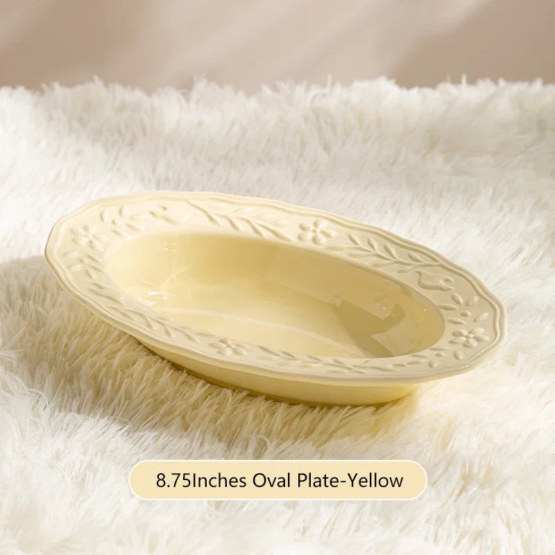 Glossy Solid Ceramic Serving Plate Floral Print Cute Bowl Versatile Dishes Simple Kitchen Tablewares