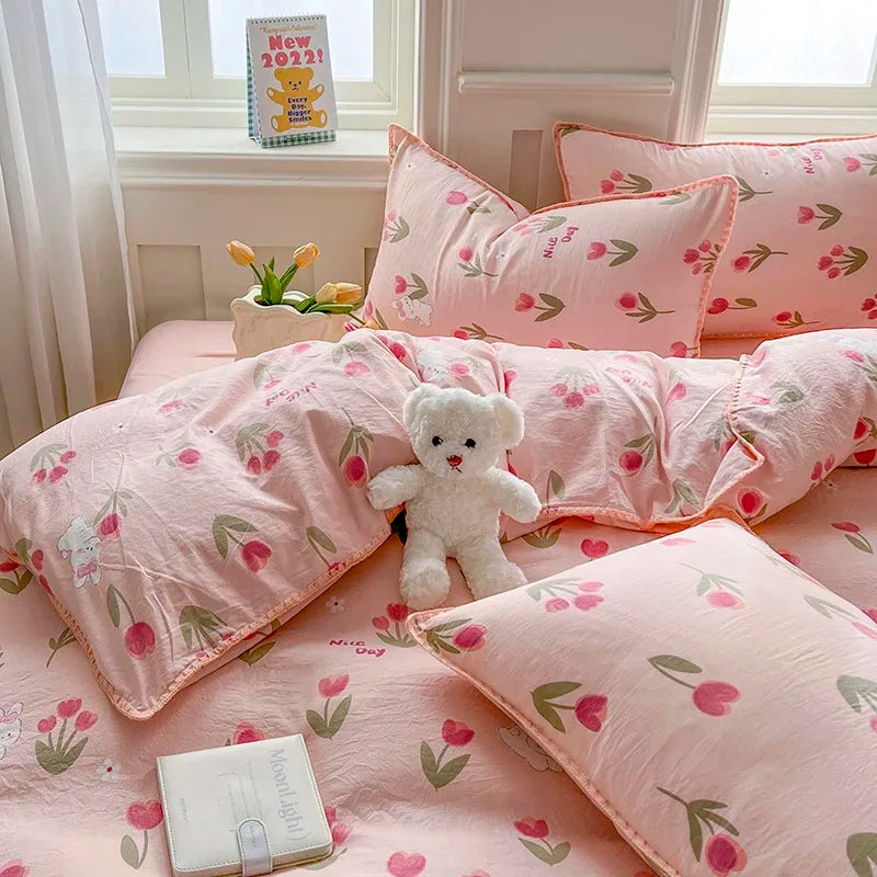 Tulip Double Layer Yarn Quilt Cover Bed Sheet Pillowcase Bedding Set Girls Duvet Cover Set No Filler