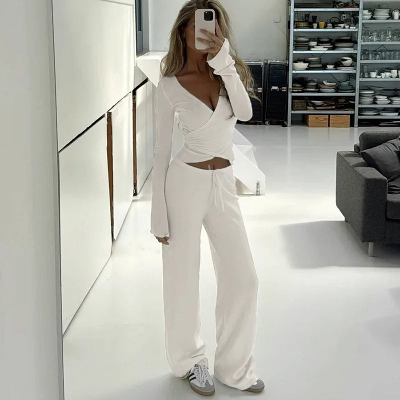 Fashion Drawstring High Waist Trousers Set Lace Up Flared Sleeve V Neck Twist Tops Plush Loose Pants Suit