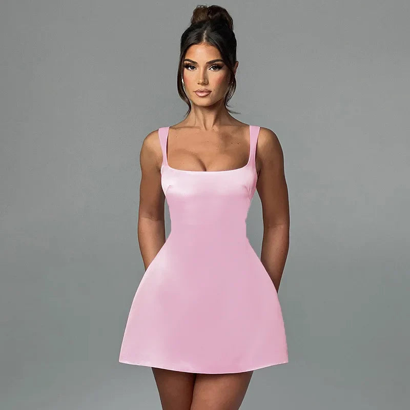 Waist Wrap Elegant A-line Dress Women Spaghetti Strap Mini Spring Summer Dress Backless Sexy Party Dress