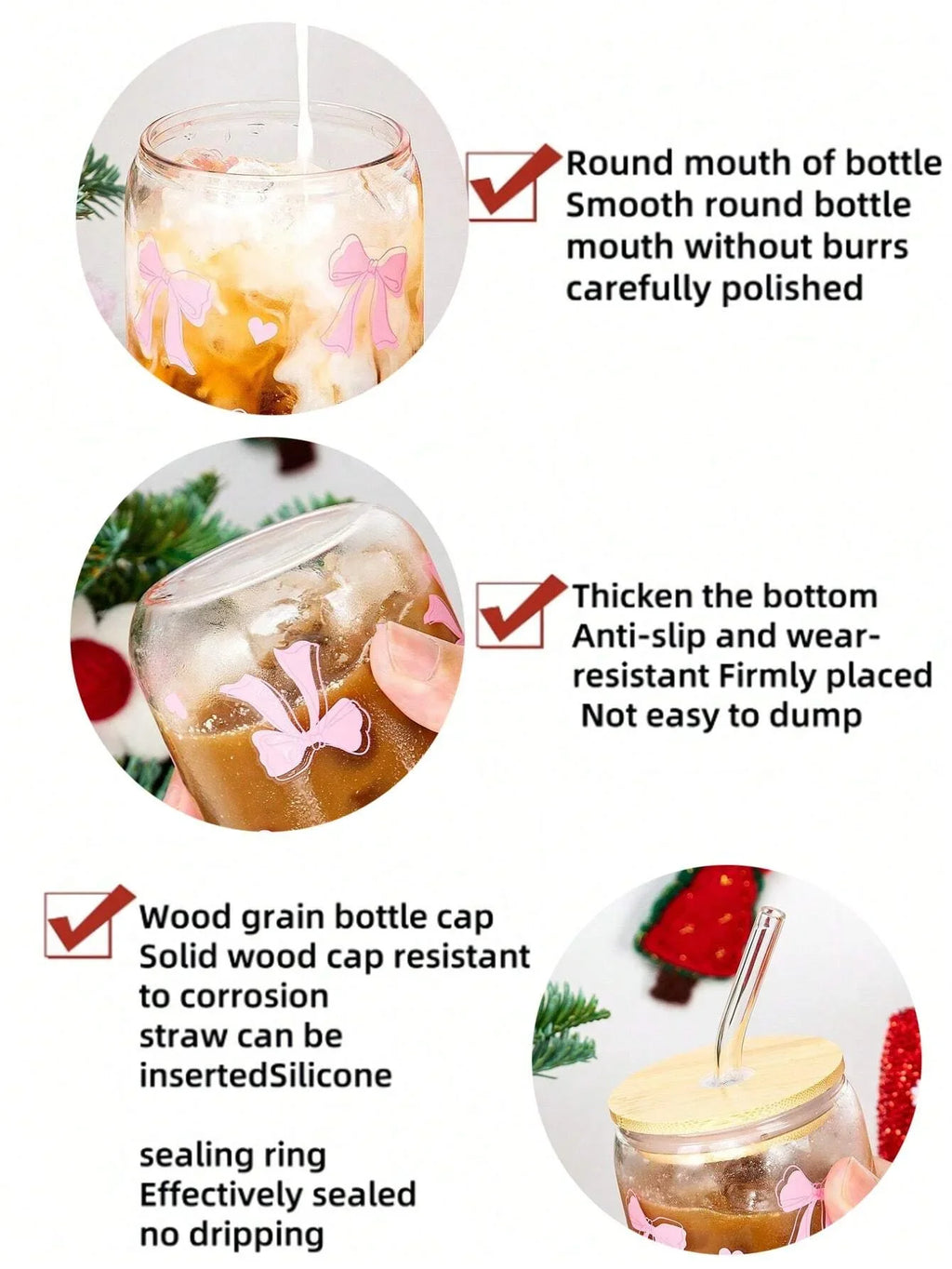 Cute Bow Glass Cup Love Cherry Bow Pattern With Lids & Straw 500ml