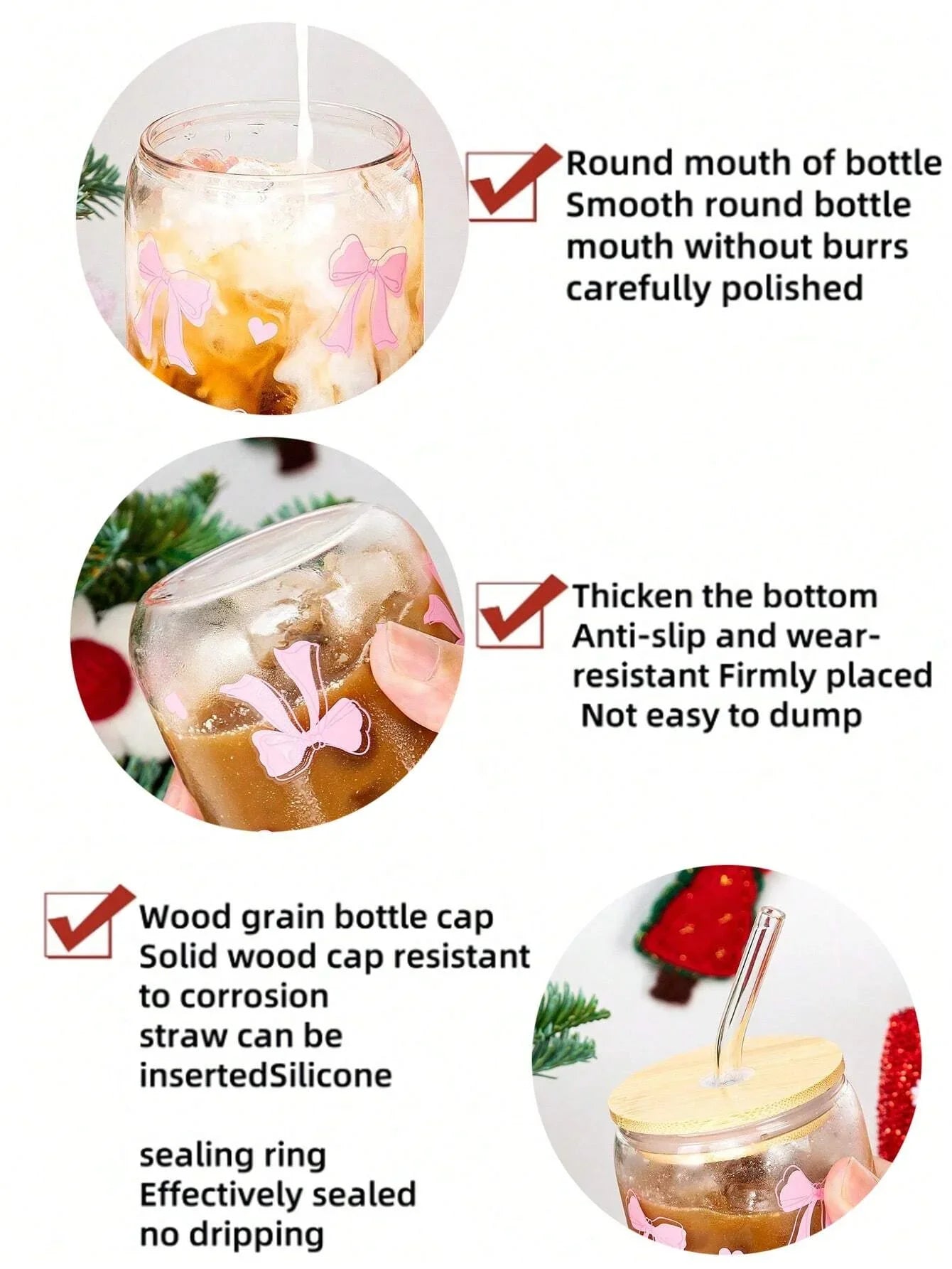 Cute Bow Glass Cup Love Cherry Bow Pattern With Lids & Straw 500ml