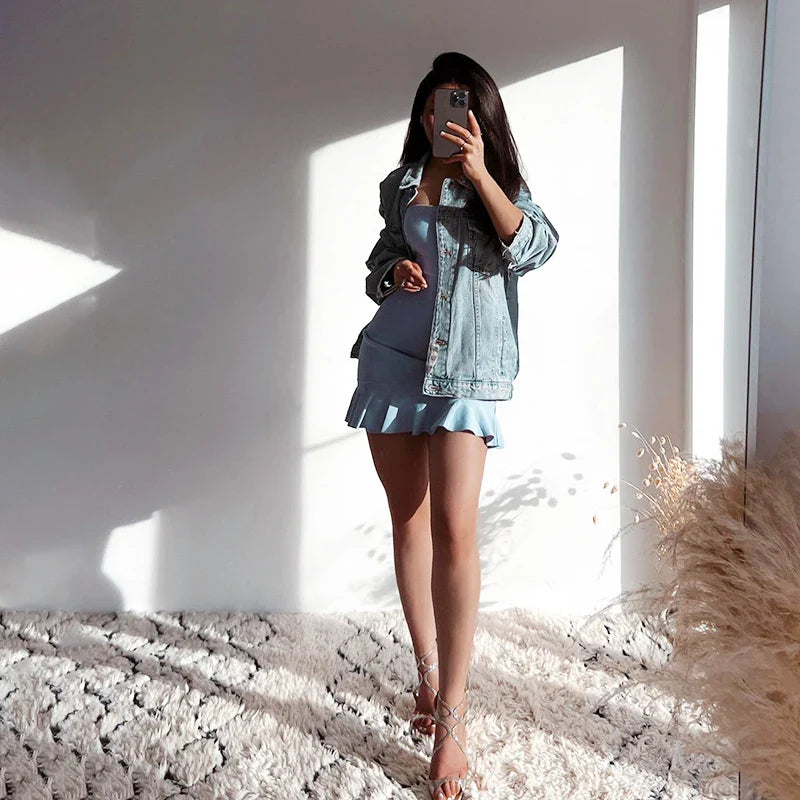 Women Soft Tender Slight Blue Strapless Wrap Hipster Mini Pleated Dress Pullover Sexy