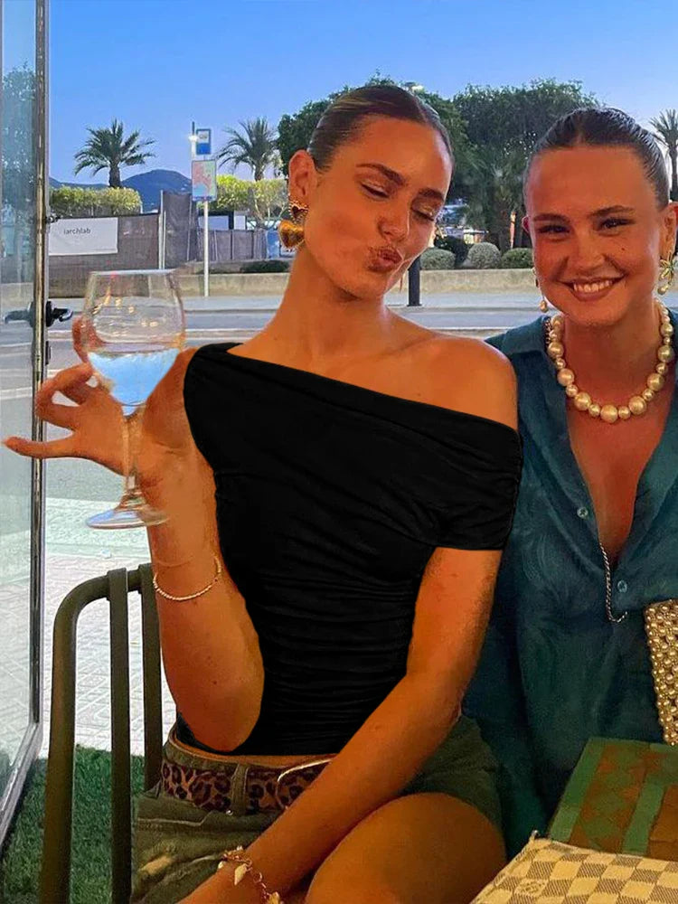 Irregular Women Tank Tops Shirring Shoulder Ruched Summer Chic Fashion Solid Hottie Simple Basic Streetwear Slim Top