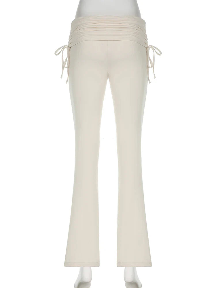 Casual Solid Drawstring Patchwork Pants Slim Low-Waisted Flare Pants Women - Spring Summer Fashion Ladies Streetwear