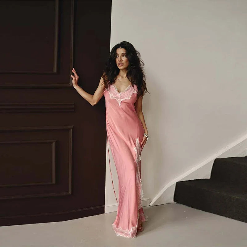 Sexy Lace Patchwork Satin Sling Long Slim V-neck Sleeveless Backless Maxi Dress