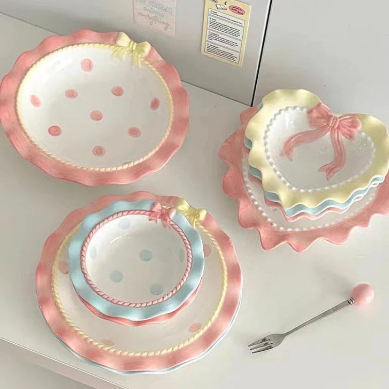 Heart-shaped Bow Wavy Edge Ceramic Dinnerware Set Ideal Cake Presentation,  Princess Pastry Platter, Lace-edged Rice Bowls