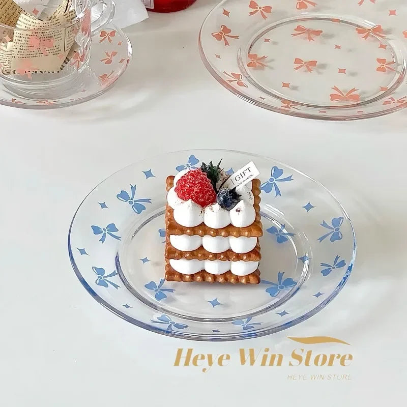 Pink and Blue Bow Glass Plate Plate