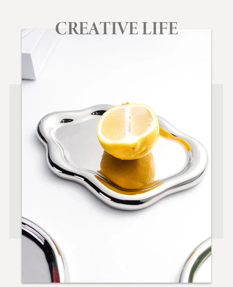 White/Silver Ceramic Plate High-Cloud Plate