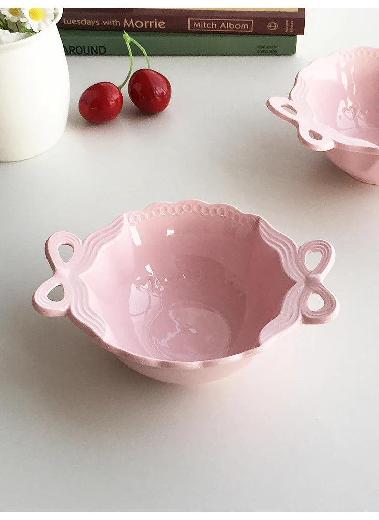Porcelain Bowl Cute Hollow Out Bow Relief Solid Color Ceramic Dinnerware