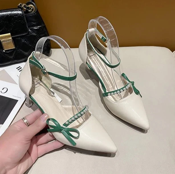 Women Pearl Pumps Heeled Pointed Toe with Side Bowknot